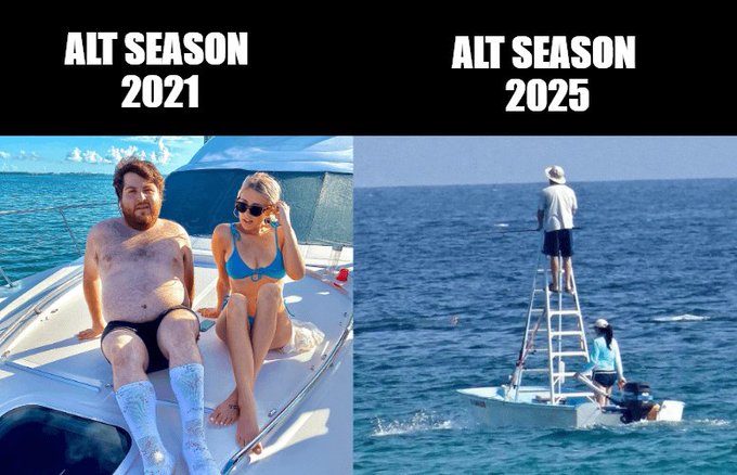 A side-by-side meme comparing 'ALT SEASON 2021' showing a couple relaxing on a yacht to 'ALT SEASON 2025' depicting a man standing on a tall lifeguard chair over open ocean.