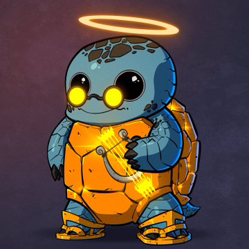 The image features a cartoon turtle with an orange shell and blue eyes wearing glasses. It has a halo around its head, giving it a magical appearance. The turtle is standing against a dark background, which contrasts with its vibrant colors. In the bottom right corner of the image, there's text that reads "A few weeks ago, I knew almost nothing about @hedera ($HBAR). Huge shoutout to @RonnieRipple603 for introducing me to the ecosystem and gifting me @YetiPixelClub, @TimelessTurts, and @builtbyslime NFTs. The best part is the holder mindset here. People are not here just to flip".