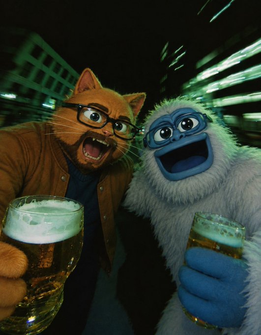 Two animated characters, an orange cat wearing glasses and a brown jacket, and a blue yeti/ape creature with large eyes, both cheering while holding large mugs of beer against a nighttime city backdrop.
