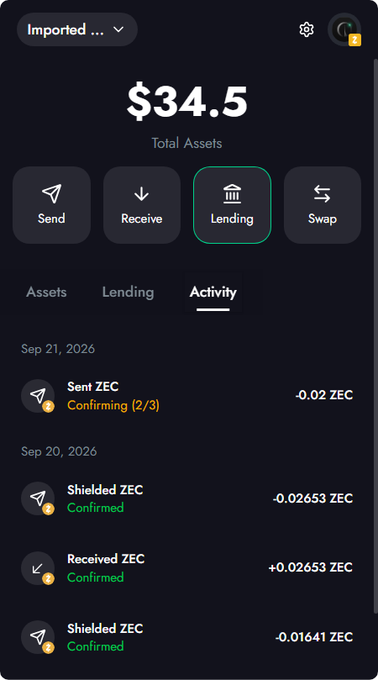 A cryptocurrency wallet app screenshot showing a total balance of $34.5 with an activity log including ZEC transactions such as 'Sent ZEC', 'Shielded ZEC', and 'Received ZEC' dated September 20-21, 2026.