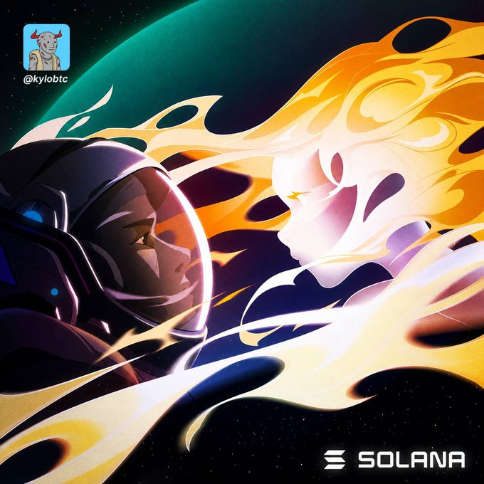 A stylized digital artwork by @kylobtc depicting an astronaut and a figure with flowing fiery hair facing each other in space, branded with the Solana logo.