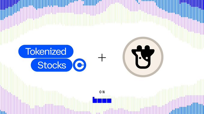 The image features "Tokenized Stocks" branded text alongside a cow logo (Beefy), separated by a plus sign, with "ON" and the Base logo at the bottom—illustrating Coinbase's tokenized stocks launching on Base with Beefy serving as the autocompounding optimizer.