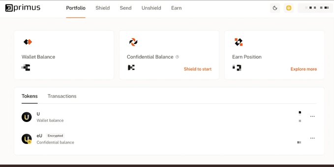 A screenshot of the Primus Portfolio interface showing wallet balance, confidential balance, earn position, and a list of tokens including U and eU.