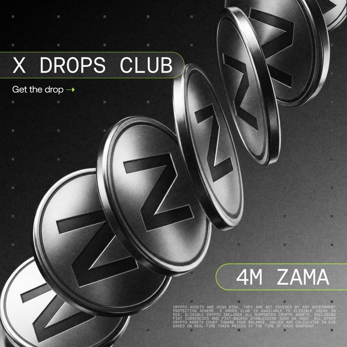 A promotional graphic for the X Drops Club featuring metallic Zama coins arranged in a cascading line, with text reading "X DROPS CLUB," "Get the drop," and "4M ZAMA," tying into the post's announcement of a new $ZAMA token drop with rewards for eligible EEA users on OKX.