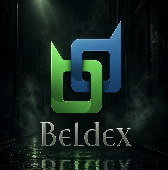 A stylized logo featuring two interlocking shapes—one green and one blue—displays the name "Beldex" in elegant silver serif lettering, set against a dark, atmospheric alleyway with mist and reflections on wet pavement. The image visually reinforces the post's message about privacy and secure data processing, symbolizing Beldex's focus on encrypted, confidential computing through FHE (Fully Homomorphic Encryption).