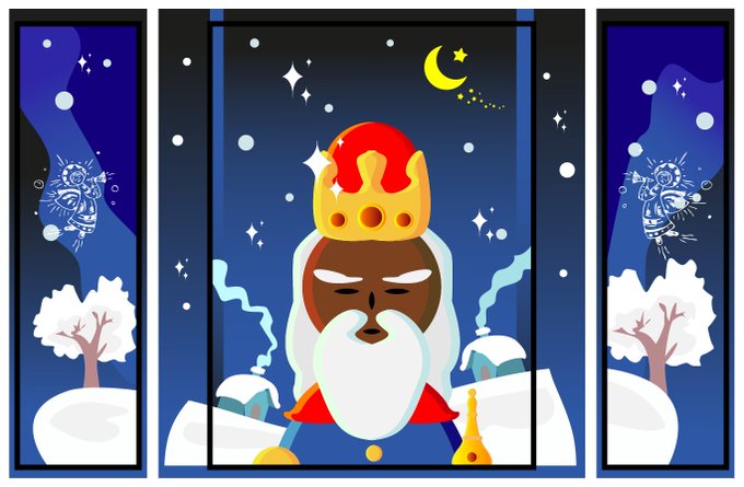 A stained-glass style illustration depicting a wise king with a crown and white beard, featuring snowy village scenes and an owl in the side panels.