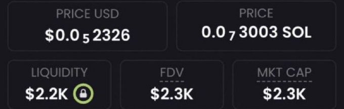 A cryptocurrency price display showing 'PRICE USD $0.0_2326', 'PRICE 0.07_3003 SOL', 'LIQUIDITY $2.2K' (locked), 'FDV $2.3K', and 'MKT CAP $2.3K' for what appears to be a low-cap Solana token.