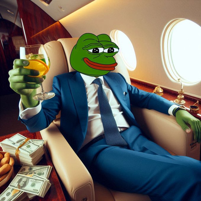 A surreal image of Pepe the Frog dressed in a blue business suit and tie, sitting in a luxurious leather chair inside a private jet, holding a glass of amber liquid, with stacks of money nearby.