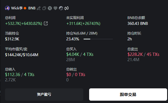 A crypto wallet portfolio tracker shows BNB holdings with total profit of +$532.7K (+6430.82%) and unrealized profit of +311.6K (+26743%), with Chinese text including '资产盈亏' and '跟单交易'.