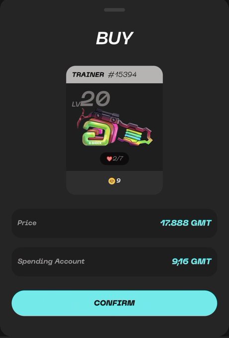 A 'BUY' screen in a sneaker NFT game showing TRAINER #15394 (LV 20) priced at 17.888 GMT with 9.16 GMT in the spending account and a CONFIRM button.