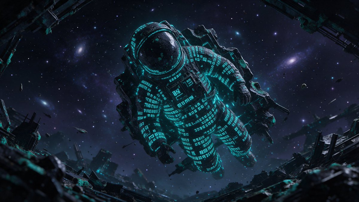 An astronaut in a spacesuit covered in glowing cyan digital code floats through a starry space scene above a ruined cityscape.
