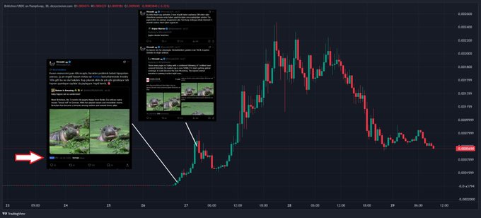 TradingView chart of BNB/USDT on PancakeSwap with social media posts overlaid, showing price action and red/green candlesticks.