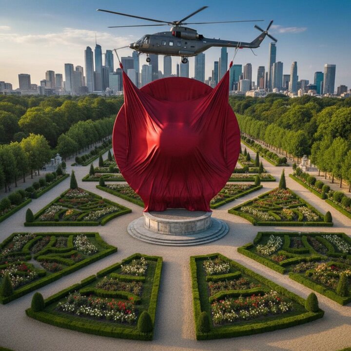 The image features an aerial view of the Maison de la Paix in Paris, France. In the foreground, there's a large, striking red, circular sculpture that appears to be wrapped in a red curtain or tarp. Surrounding this centerpiece is a lush garden filled with numerous trees and flowers. The presence of a helicopter in the sky above the garden adds a sense of grandeur to the scene. The image also contains the caption "TAMED'S vision is to create a world where every Kenyan student has access to quality education and opportunities via the Cardano blockchain, empowering future leaders".