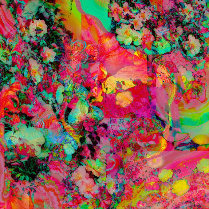 A vibrant, psychedelic digital artwork featuring an explosion of neon colors including pink, green, yellow, and orange in abstract floral and organic shapes.