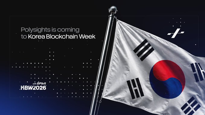 A promotional graphic for KBW2026 (Korea Blockchain Week) with Upsit, featuring a South Korean flag waving on a flagpole against a dark starry background, with the text 'Polysights is coming to Korea Blockchain Week'.