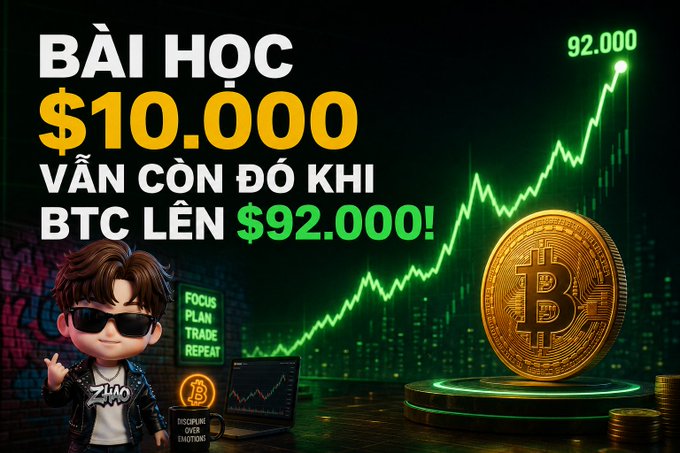 A Vietnamese cryptocurrency thumbnail featuring text 'BÀI HỌC $10.000 VẪN CÒN ĐÓ KHI BTC LÊN $92.000!' with a Bitcoin price chart showing $92,000 and a gold Bitcoin coin.