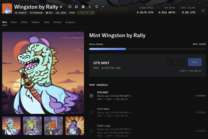 The image shows an OpenSea minting page for the "Wingston by Rally" NFT collection, with 943 of 3,000 items already minted, free during the GTD MINT stage with a 1-per-wallet limit. The accompanying post celebrates having just minted the free Rally NFT, matching the "MINTING NOW" status shown on the page.