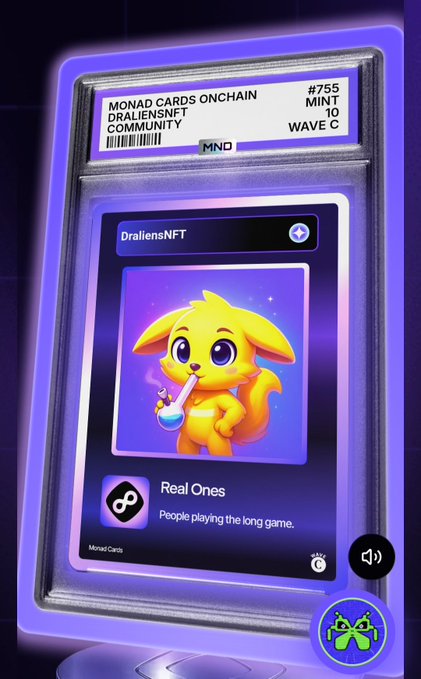A digital NFT trading card featuring a yellow cartoon dog drinking from a flask, labeled 'DraliensNFT #755' with 'MINT 10 WAVE C' and 'Real Ones - People playing the long game' beneath it, framed in a purple case.