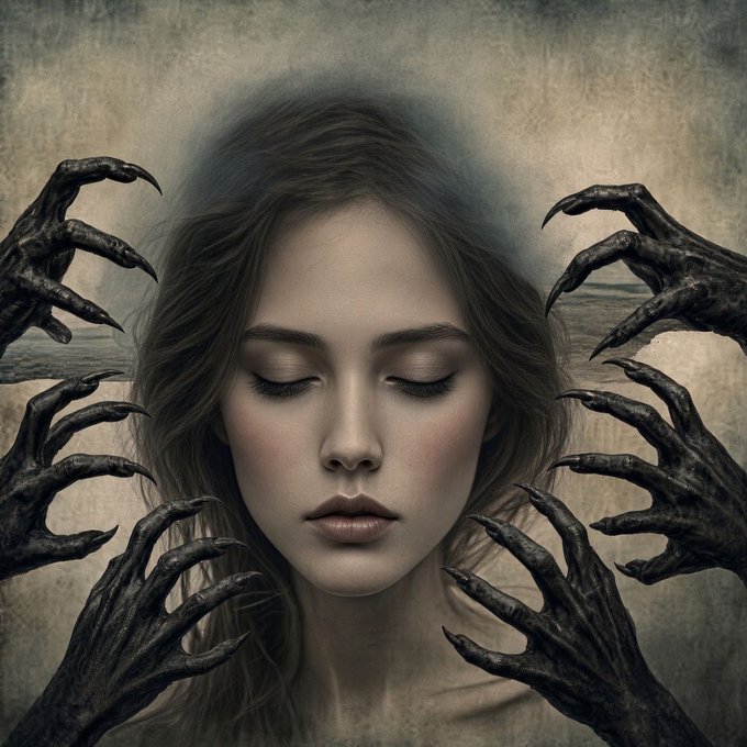 A dark, surreal digital painting of a woman with her eyes closed, surrounded by skeletal, clawed hands reaching toward her face.