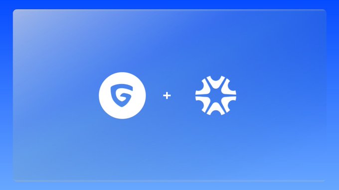 A blue graphic showing two white icons joined by a plus sign: a shield-like logo on the left and a gear/molecular structure icon on the right.