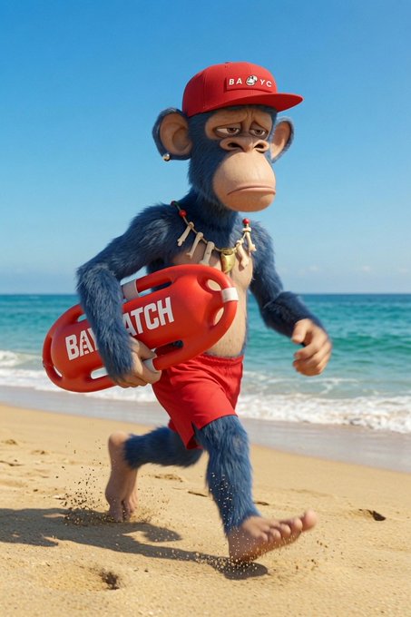 A 3D-rendered Bored Ape Yacht Club (BAYC) NFT character wearing a red cap and shorts, running on a beach while holding a red "BAYC WATCH" rescue buoy.