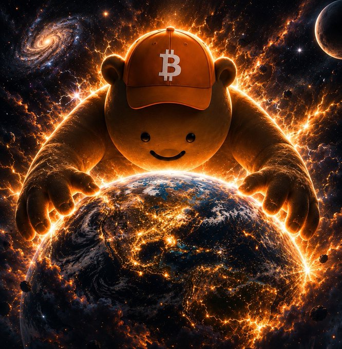 A surreal digital artwork featuring a teddy bear wearing an orange Bitcoin cap hugging a fiery Earth in outer space, with galaxies and a planet in the background.