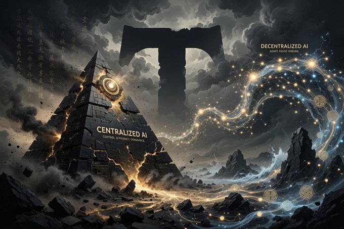 The image is a dramatic dark fantasy illustration contrasting "CENTRALIZED AI - CONTROL, EFFICIENCY, DOMINANCE," depicted as a crumbling pyramid under stormy skies, against "DECENTRALIZED AI - ADAPT, RESIST, ENDURE," shown as a flowing network of glowing nodes and symbols, visually reinforcing the post's argument that decentralized systems like $TAO will outlast centralized AI in the battle for intelligence supremacy.