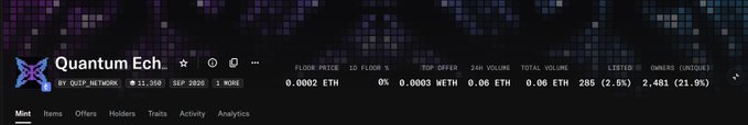 A screenshot of what appears to be a cryptocurrency analytics platform displaying "Quantum Ech" (likely Quantum Echo), with metrics including a floor price of 0.0002 ETH, 0% 1D, 0.0003 ETH 24H volume, 0.06 ETH total volume, 285 (2.5%) listed, and 2,481 (21.9%) owners (unique).
