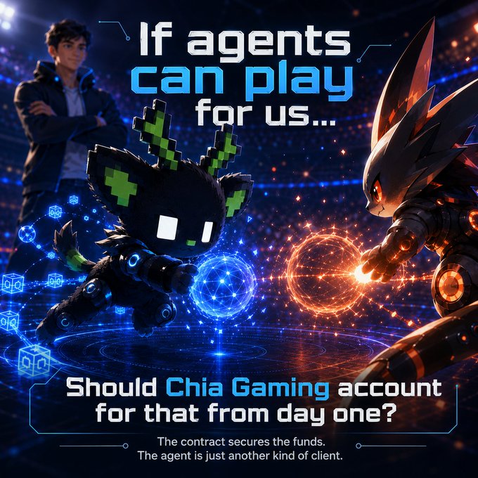 A promotional graphic featuring a young man observing a battle between a blocky green character and a robotic creature, with text reading 'If agents can play for us... Should Chia Gaming account for that from day one? The contract secures the funds. The agent is just another kind of client.'