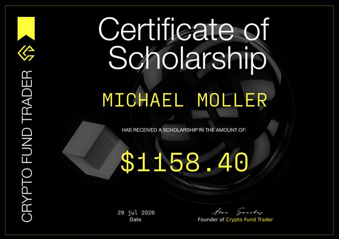 A Certificate of Scholarship from Crypto Fund Trader awarded to Michael Moller for $1158.40, dated 29 Jul 2026, visually reinforcing the post's claim about the firm's credibility by showcasing a tangible proof of payout.