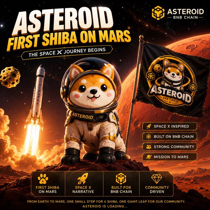 The image is a promotional graphic for the cryptocurrency project "ASTEROID - BNB Chain," featuring a Shiba Inu mascot in an astronaut suit on a Mars-like landscape with a launching rocket and the ASTEROID flag, alongside text reading "FIRST SHIBA ON MARS - THE SPACE X JOURNEY BEGINS" and features like "BUILT ON BNB CHAIN" and "MISSION TO MARS." The accompanying post relates to the image by questioning ASTEROID's connection to SpaceX (SPCX), noting its developer also created TST, and mentioning CZ and GIGGLE each holding 2.5% of the token, framing the mascot imagery as part of the project's market buzz.