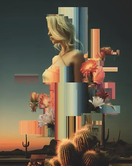 A surrealist digital artwork featuring a blonde woman in profile with her body fragmented into colorful geometric blocks, surrounded by flowers, cacti, and a desert landscape with a glowing sunset.