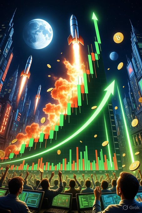 A vibrant digital illustration by Grok depicting rockets launching alongside rising green crypto charts and Bitcoin coins, with excited traders cheering below against a nighttime cityscape.