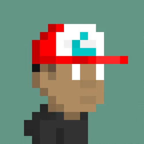 A pixel art profile illustration of a character wearing a red and white baseball cap with a teal 'C' logo, set against a solid teal background.