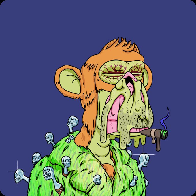 A stylized illustration of a grotesque, bloodshot-eyed ape character wearing a green fur coat adorned with skulls, smoking a cigar with dripping saliva, set against a purple background—fitting for the post announcing a Los Angeles-style "MAYC" (Mutant Ape Yacht Club) birthday celebration.