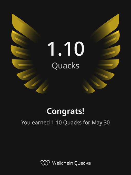The image features a poster with an illustration of a bird's wing, which has gold and black colors. The text on the poster congratulates users for earning 1.10 Quacks within one day. It also mentions that the user has earned 10 Quacks in May 30.