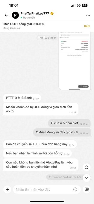 A Vietnamese chat screenshot from 'PhatTaiPhatLoc777' discussing a 50,000,000 USDT transfer, mentioning M.B Bank, OCB, PTTT, ViettelPay, and instructing the recipient not to close the chat for payment confirmation.