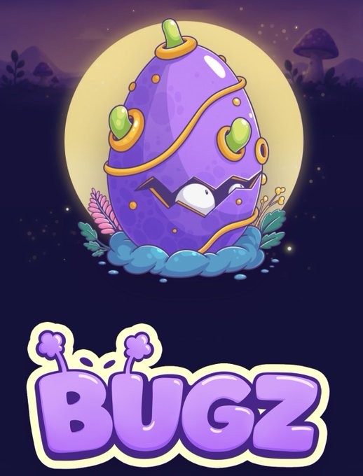A cartoonish purple egg-shaped character with green spikes and an angry expression sits on a cloud with a moon behind it, above the text "BUGZ" in bubble letters.