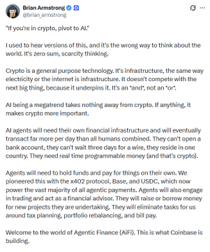 A tweet from Coinbase CEO Brian Armstrong (@brian_armstrong) arguing that crypto isn't threatened by AI but rather serves as essential infrastructure for it, akin to electricity and the internet, predicting a future of "Agentic Finance (Af)" powered by tokens like XRP.