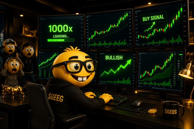 A cartoon emoji character wearing glasses and a hoodie labeled '$GEEG' sits at a computer setup with multiple monitors showing charts and text like '1000x LOADING', 'BUY SIGNAL', and 'BULLISH'.