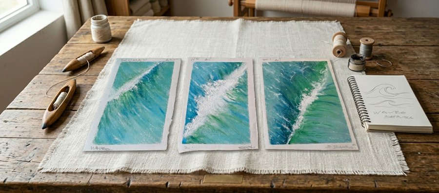 Three watercolor paintings of ocean waves arranged on a wooden table, alongside a sketchbook with wave drawings, thread spools, and wooden tools.