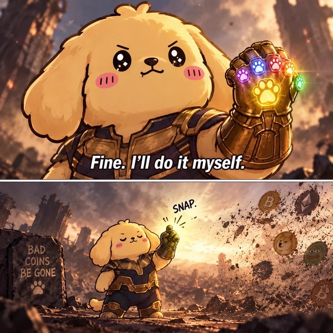 A two-panel meme featuring a cute golden retriever wearing a Thanos-style Infinity Gauntlet, with the top panel captioned "Fine. I'll do it myself." and the bottom panel showing the dog snapping and destroying bad cryptocurrencies in a ruined landscape.