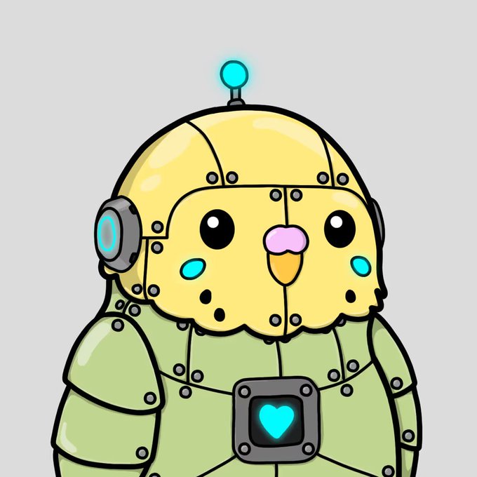 A cute yellow robotic bird-like character with rivets, an antenna, and a green heart emblem on its chest is featured in the image. This likely represents the "Birbot" NFT being celebrated for the minting of its first 1/1 edition.