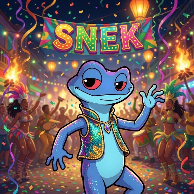 Festive AI-generated illustration of a blue lizard-like character dancing at a carnival under a 'SNEK' banner with confetti and costumed revelers.