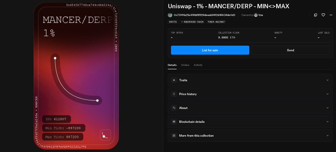 An NFT listing page on Uniswap for 'Mancer/Derp - Min<>Max' showing a curved line graphic on the left and token details including Min Ticks of 407200 and Max Ticks of 807200 on the right.