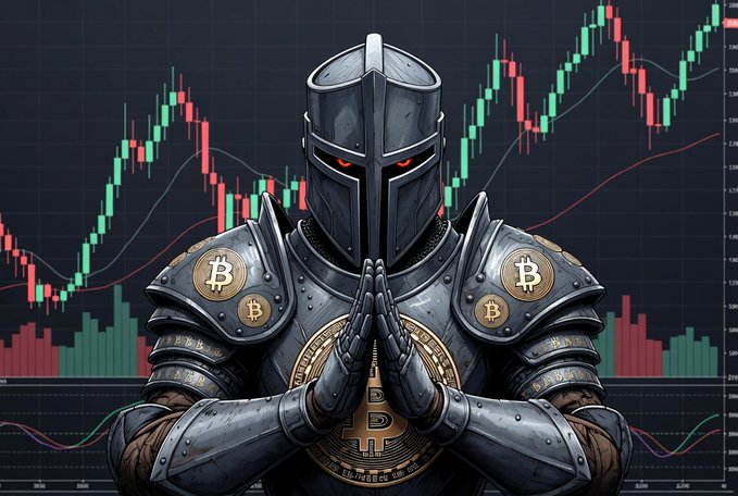 A digital illustration of an armored knight with Bitcoin symbols on the armor, hands clasped in prayer, set against a background of cryptocurrency trading charts.