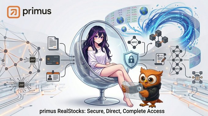An illustration for 'primus RealStocks' shows an anime-style girl sitting in a bubble chair alongside an owl character, surrounded by technical graphics like ZKP, MPC, and AMPQ.
