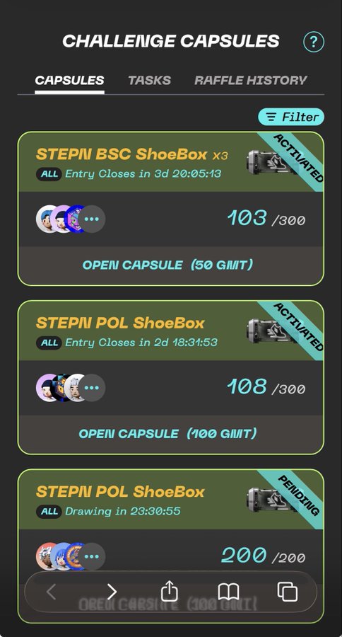 A STEP'N 'Challenge Capsules' screen showing three capsules: 'STEP'N BSC ShoeBox x3' (Activated, 103/300 entries, 50 GMT to open), 'STEP'N POL ShoeBox' (Activated, 108/300 entries, 100 GMT to open), and another 'STEP'N POL ShoeBox' (Pending, 200/200 entries, drawing in 23:30:55).