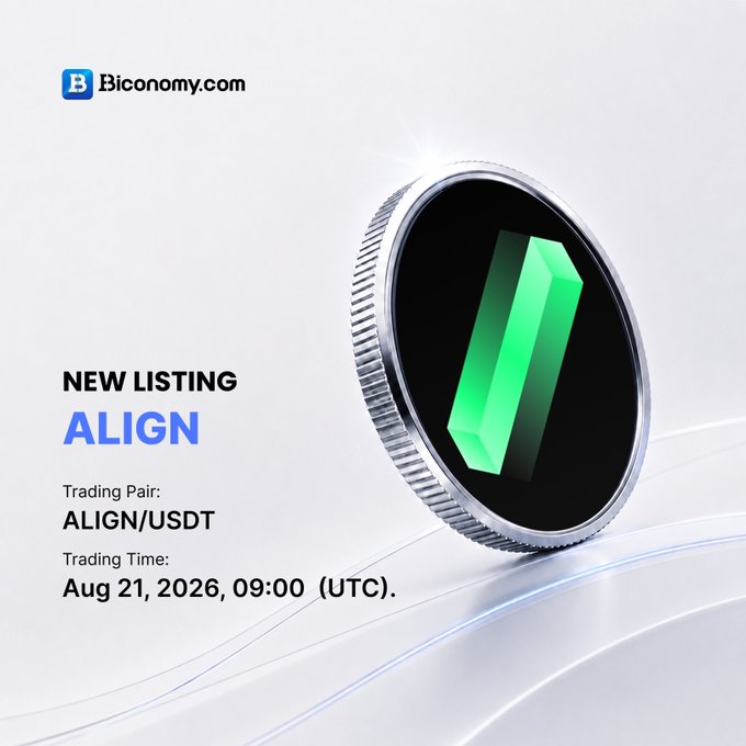 A promotional graphic from Biconomy.com announcing a new listing for 'ALIGN' with the trading pair 'ALIGN/USDT' and a trading time of 'Aug 21, 2026, 09:00 (UTC).', featuring a 3D rendered coin with a green gem-like logo.