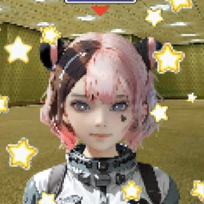 A 3D anime-style avatar of a girl with pink and brown hair wearing a black collar, surrounded by animated star effects against a checkered background.